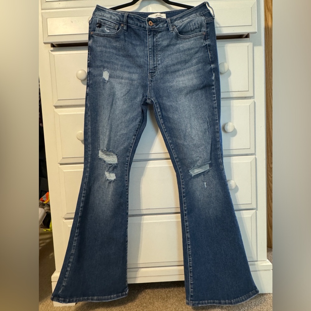 KanCan medium wash, stretch, distressed flare jeans. Size 13/30